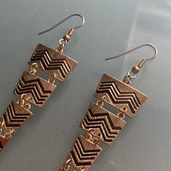 Gold and Black Aztec Drop Earrings - Picture 3 of 7